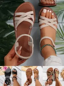 Women's Fashionable Criss Cross Strap Design Sandals, Casual Open Toe Flat Sandals for Beach, Non-slip Sandals for Daily Wear, Lightweight Sandal