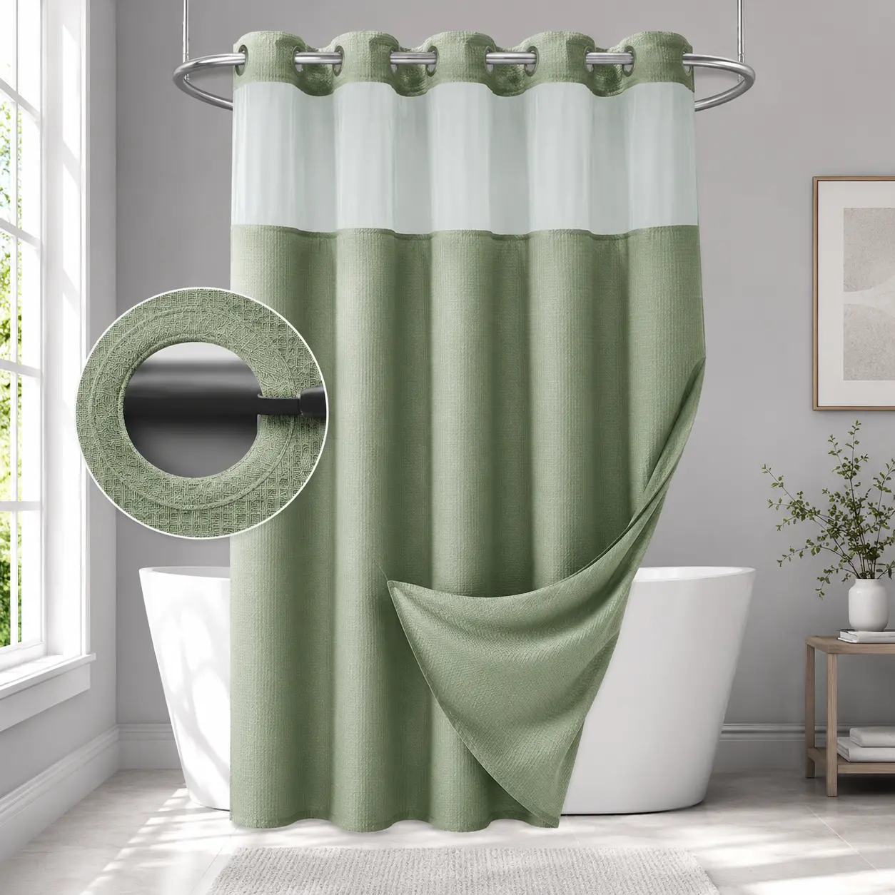 Premium Hookless Type Waffle Weave Shower Curtain Set - 72x75 in Waterproof Double Layer with Snap-in Liner, Mesh Top Window, Adjustable Straight Design, Non-Slip Bathroom Home Supplies, Shower Curtains, 72X75 Inches