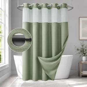Premium Hookless Shower Curtain Set, Modern Straight Adjustable 72x75 Inches Green Waterproof Double Layer with Snap-in Liner and Mesh Top Window (Bathroom Home Supplies)