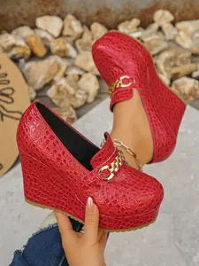 Luxury Snake Print Thick Sole Wedge Shoes, Metal Chain Decor, Waterproof Platform Heels, Comfortable Fashion, Ideal Gift Choice