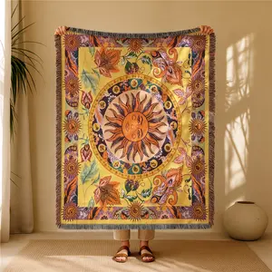 Boho Style Sun Print Tassel Blanket, Floral Blanket, Casual Soft Throw Blanket, All Season Blanket, Breathable Comfortable Blanket, Air-conditioned Room Blanket, Warm Nap Blanket for Home & Office, Soft Cozy Blanket