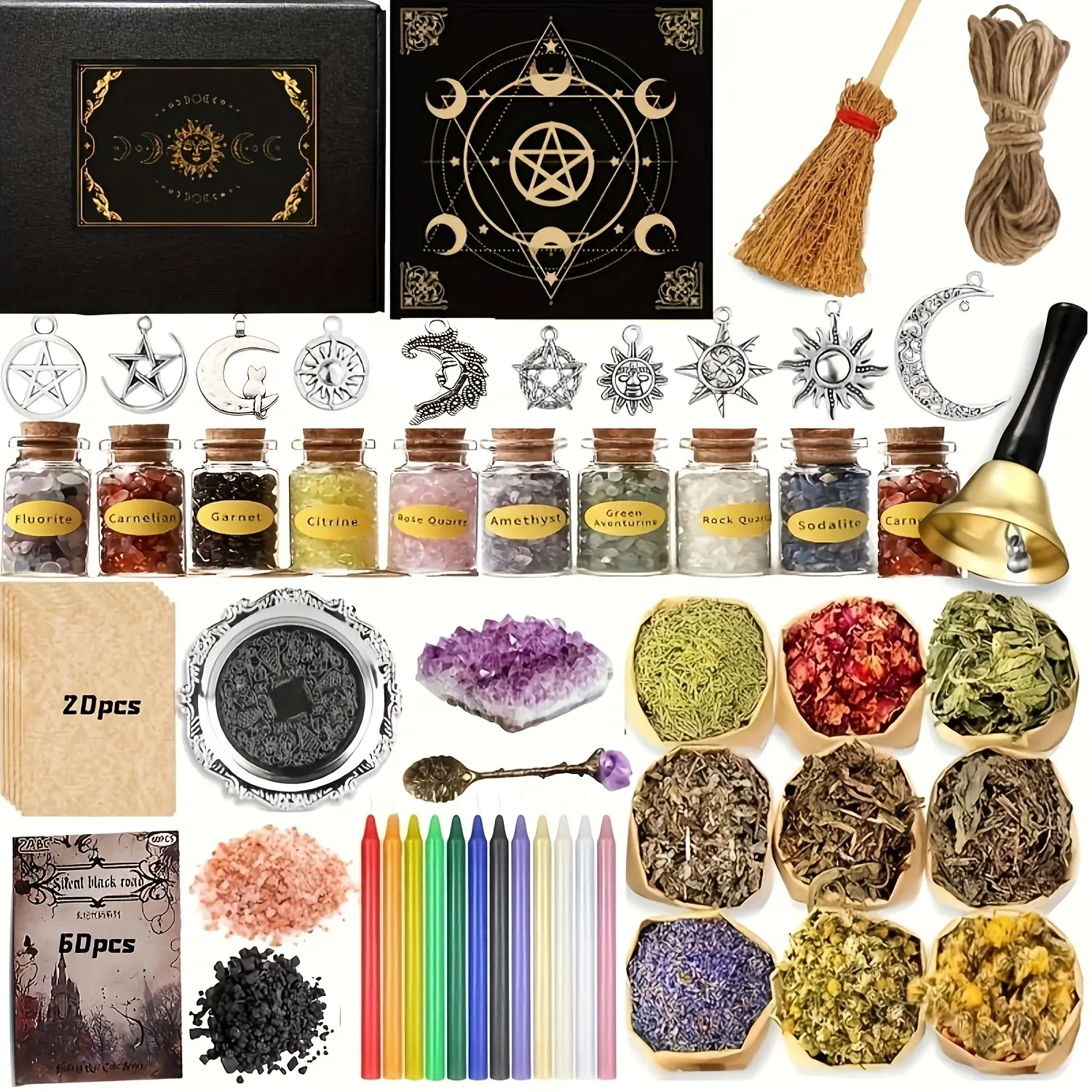 Witchcraft Kit - Supplies for witch rituals and spells, herbal witch spell set, natural dried herbs and flowers, complete set with spoon container, natural stone crystals, candles, tablecloth, beginner witch gift set, altar decoration supplies Metal Glass
