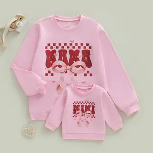 CPZVUCAK Mommy and Me Valentines Matching Family Outfits Letters Heart Bow Printed Long Sleeve Crewneck Pullover Tops Mama Sweatshirt Mama and Mini Clothes