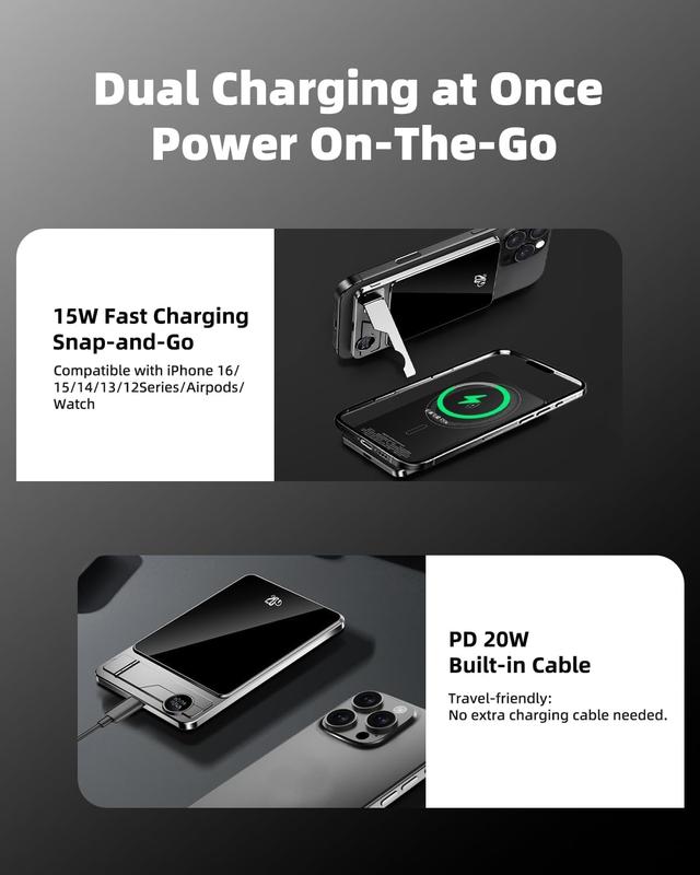 MagSafe Portable Charger 5000mAh, 20W USB-C PD Fast Charging Magnetic Power Bank with Foldable Stand & LED Display, Wireless Charging for Phone, Watch & Earbuds, Compatible with iPhone 17/16/15/14/13/12 Series