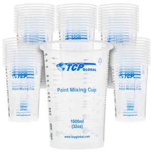 TCP Global 32 Ounce (1000ml) Disposable Flexible Clear Graduated Plastic Mixing Cups - Box of 50 Cups - Use for Paint, Resin, Epoxy, Art, Kitchen Baking