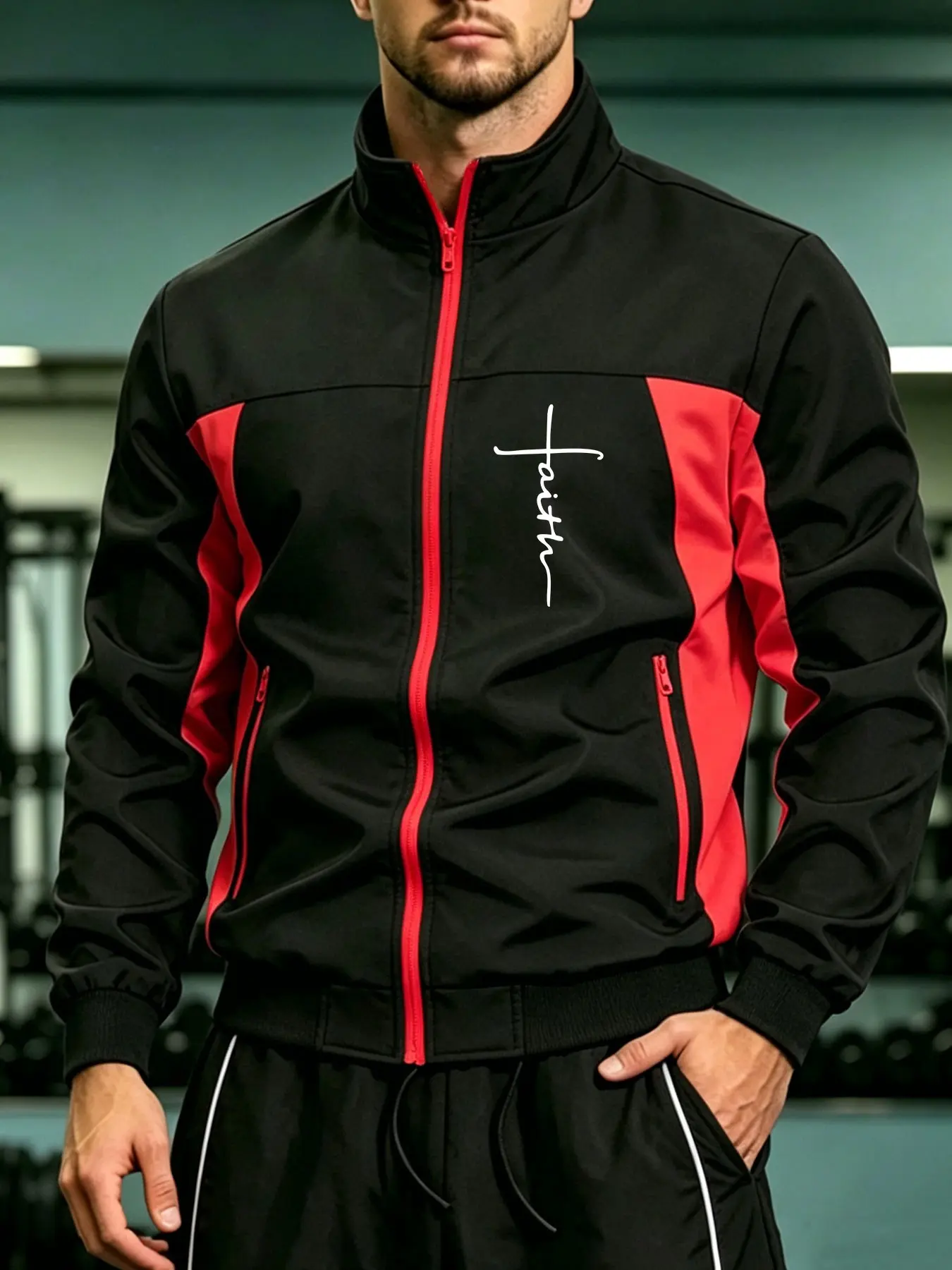 Men's Cross Print Colorblock Stand Collar Jacket, Fall Winter Zipper Pockets Outdoor Sport Wind-Resistant Coat, Casual Fitness Training Top, Sporty Sports Outerwear