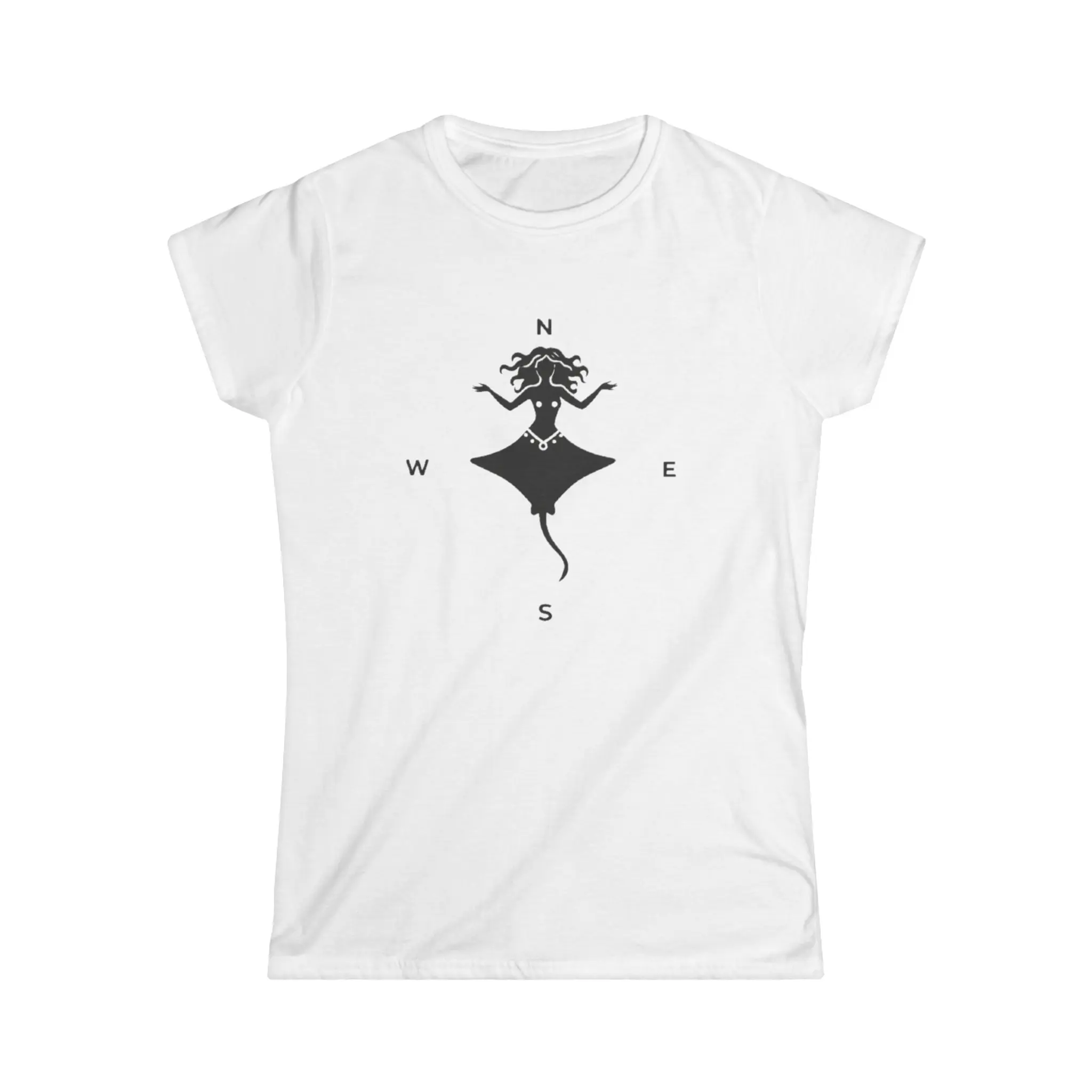 Women's Semi-Fitted Casual Short-Sleeve Round Neck Ringspun Cotton T-Shirt - Double Needle Hems, Siempre Tranquilo, Mermaid, Stingray, Compass Casual Tee, Shortsleeve, Moon Art Print, Semi-Fitted Cut, Wave Frame Art, Evening, Front Art