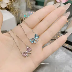 Net celebrity light luxury niche design bow necklace women's clavicle chain aquamarine Topa pendant holiday gift