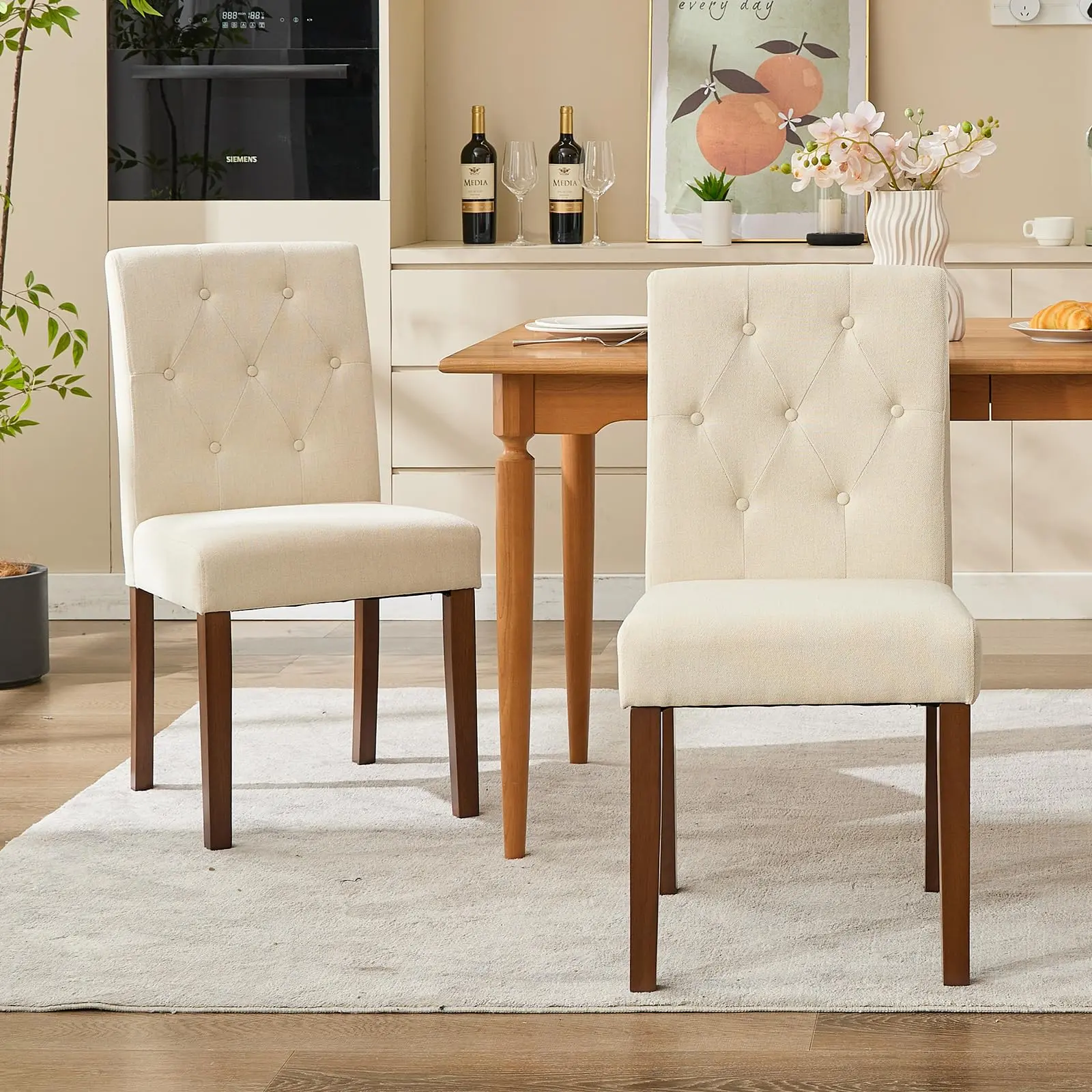 Garvee Parsons Set of 2 Upholstered Fabric Dining Chairs with Wooden Legs and Padded Seats, Ideal for Kitchen or Living Room, Beige Color