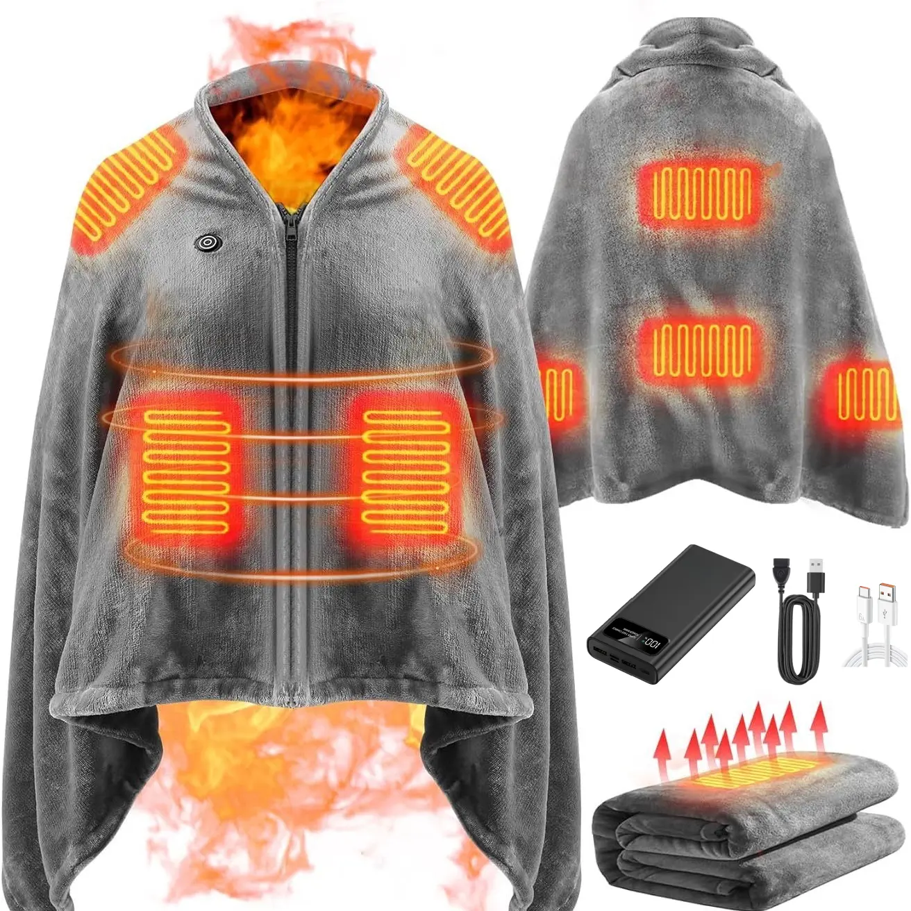 Portable Wearable Heated Blanket Shawl with 20000mAh Battery Pack: 15s Fast Heating 63"x33.5" Electric Throw, 3-Temp Levels, Flannel Sherpa & Machine Washable for Camping, Office & Travel - Mother’s Day & Birthday Gift
