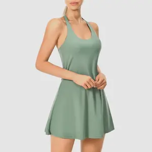 Womens Tennis Dresses with Pockets Athletic Dress with Built in Bra & Separated Shorts Halter Neck Workout Dress