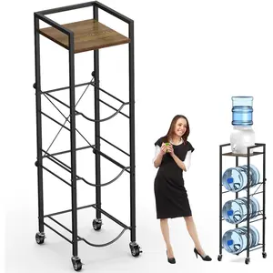 5 Gallon Water Jug Holder Stand with Wheels, 5 Gallon Water Jug Dispenser Stand 4-Tier with  Table Top, Water Bottle Holder 3 Bottles for Kitchen Office Garage (Rustic Brown and Black)