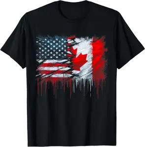 100%cotton America Canada Flags Half American Half Canadian T-Shirt