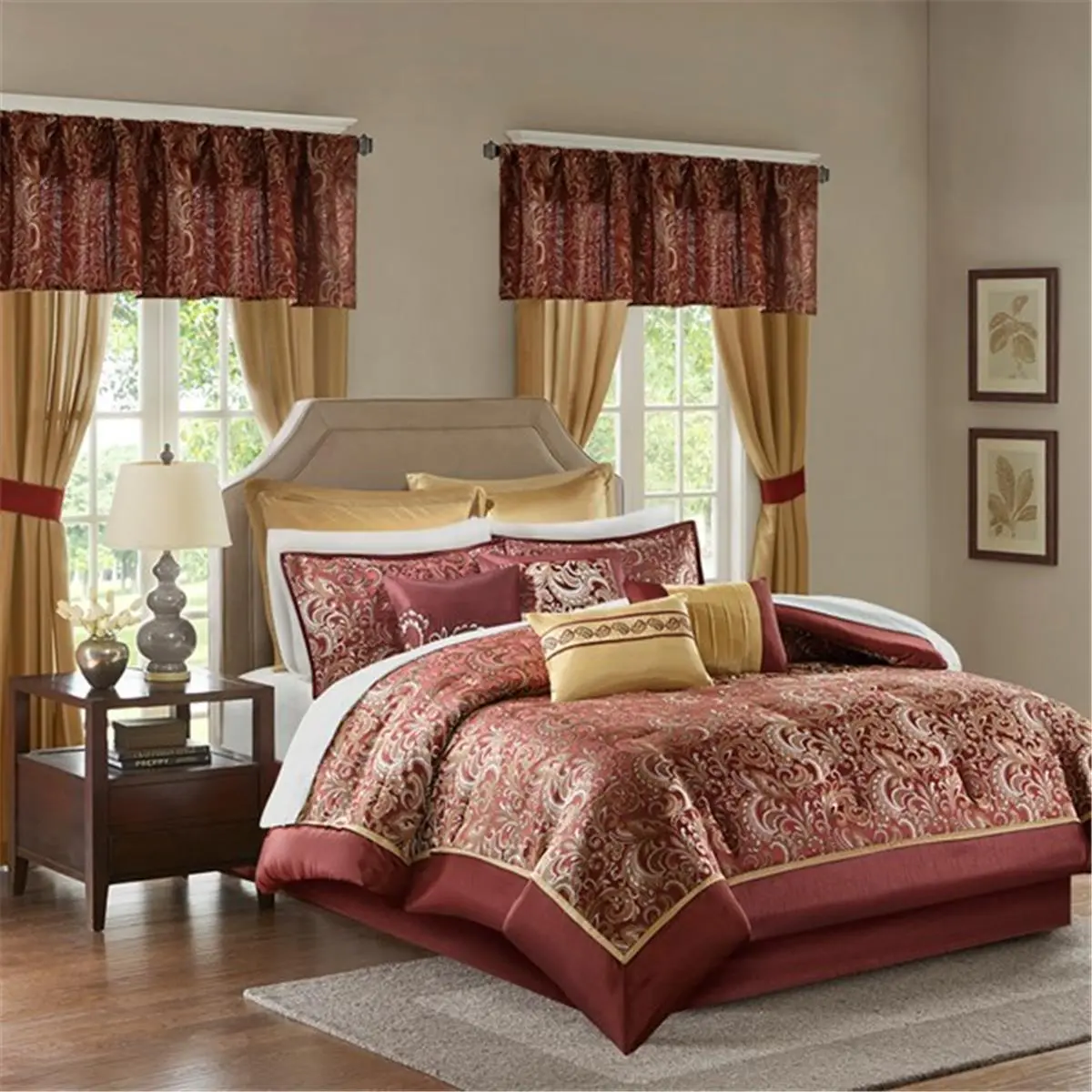 212 MAIN Madison Park Brystol 24-Piece Embroidered Paisley Reptile Bedding Set - Red, Cal King Size Warm-Look Bed Skirt Set