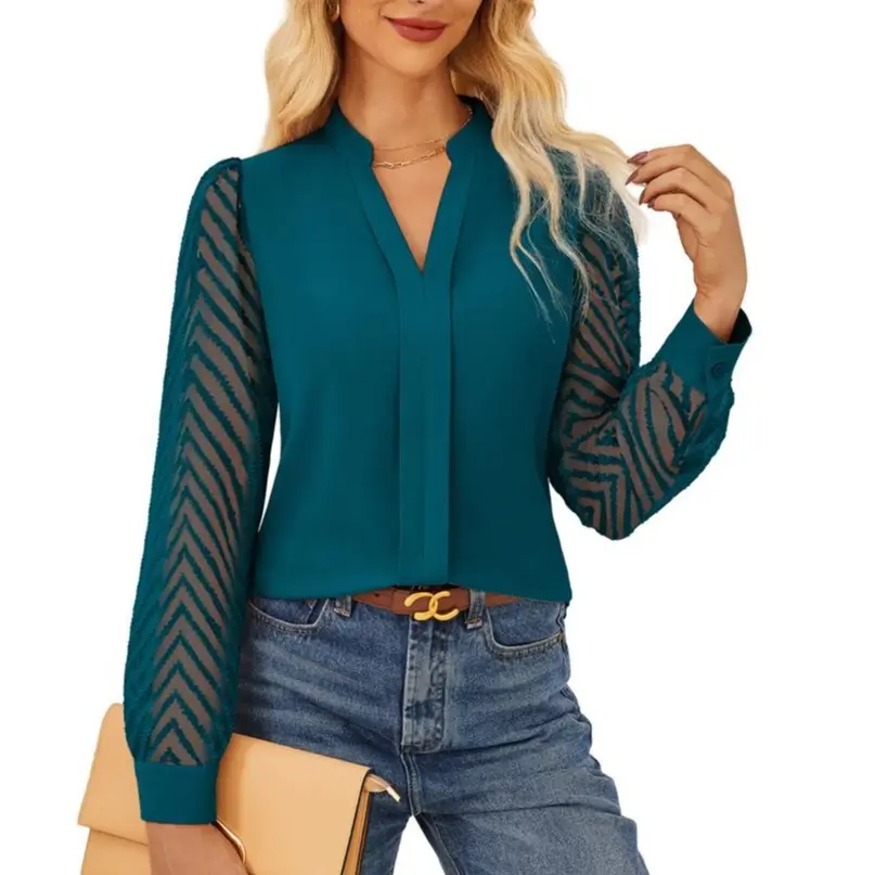 Grace Karin Women Business Casual Tops Sheer Lace Long Sleeve Blouses Work Office Pleated V Neck Shirt Fall Formal Outfits