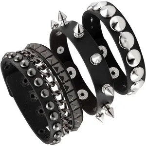 3 count Leather Punk Bracelets for Men Women of Rock Rivet Wrap Retro Spike Bracelet Adjustable