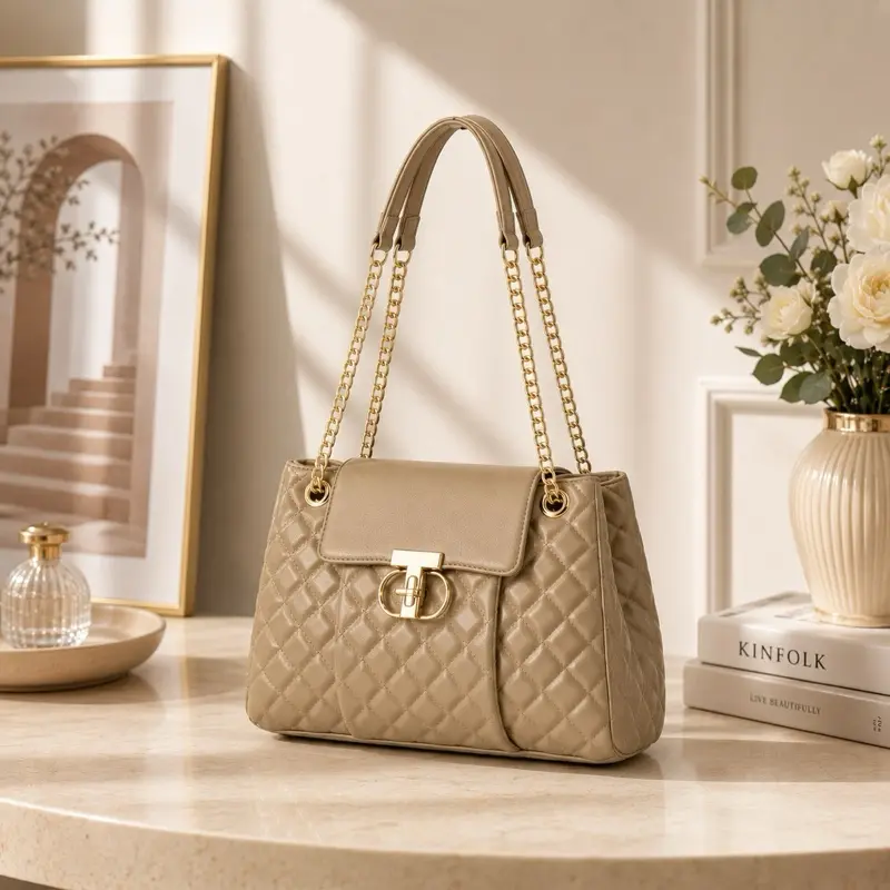 Women’s Quilted Khaki Chain Shoulder Handbag with Turn-Lock Closure