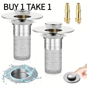Drain Strainer with Filter 2 Counts Bathroom Sink Stopper Hair Catcher,Pop-Up Bathroom Sink Drain Strainer with Universal&Removable Stainless Steel Filter Basket, Universal Sink Stopper for Bathroom & Kitchen Brass Finish Stainless Steel Drain Stopper