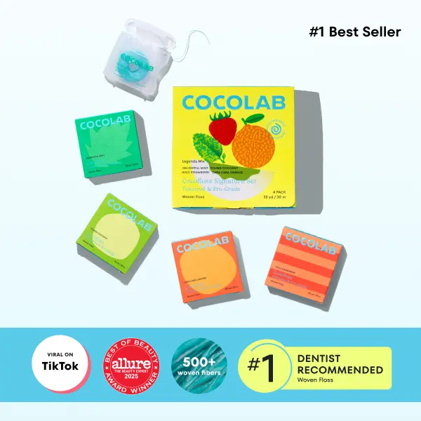 COCOLAB Happiness 4-Piece Set — 4pc Woven Dental Floss with Coconut Oil, Dentist-Designed Eco-Friendly Oral Care to Remove Plaque – 4 Waxed Floss Spools (33 yd, 2 month supply each)