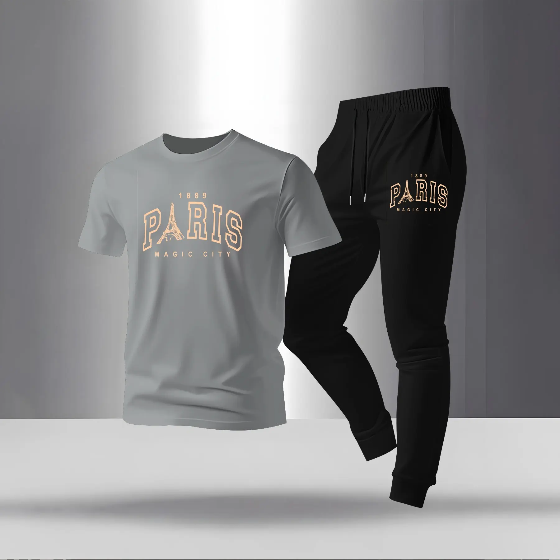 Men's Paris Print T-shirt And Drawstring Belt Sweatpants Two-piece Set, Regular Fit Crew Neck Short-sleeved T-shirt And Jogging Pants, Summer Casual Top And Sweatpants