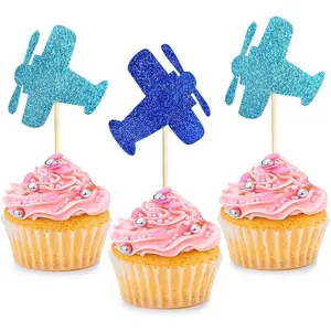 24PCS Glitter Airplane Cupcake Toppers – Aviation Party Decorations for Birthday, Baby Shower, Wedding, Bridal & Anniversary Cakes