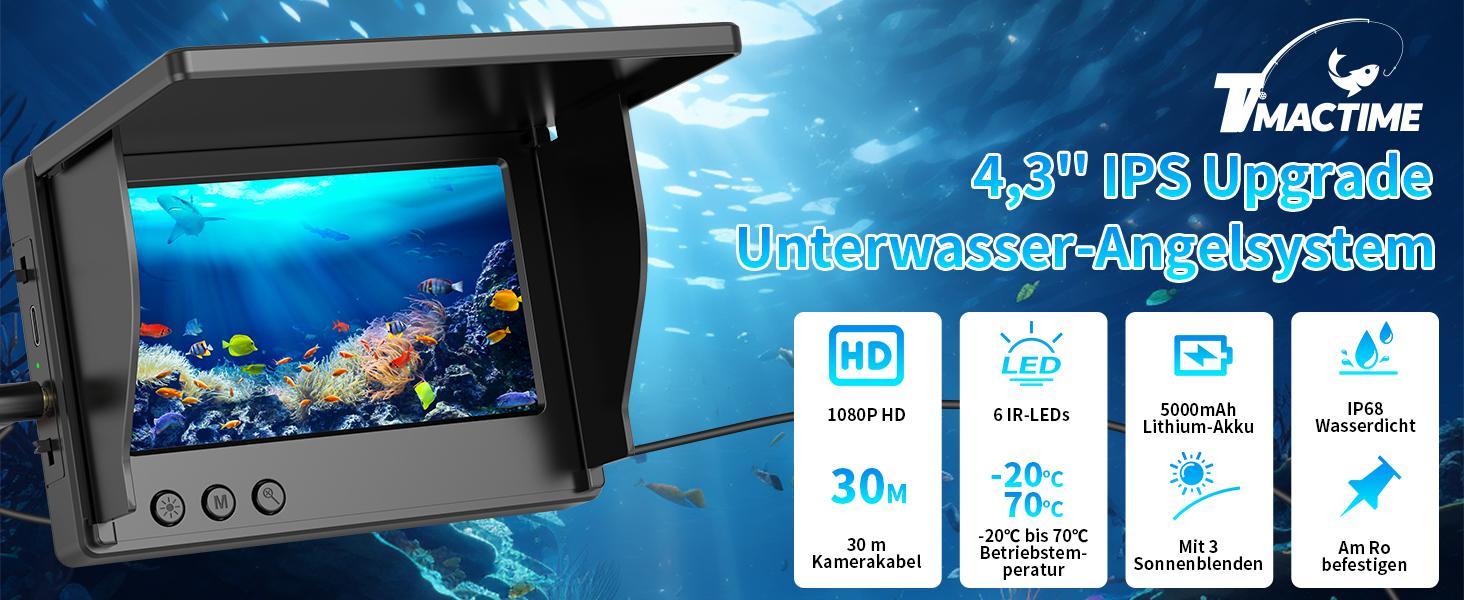 Underwater Fishing Camera 1080P HD, Portable Fish Finder with 4.3" LCD Display & Infrared Night Vision, IP68 Waterproof 30M, 5000mAh Battery, for Ice Lake Boat Kayak Fishing