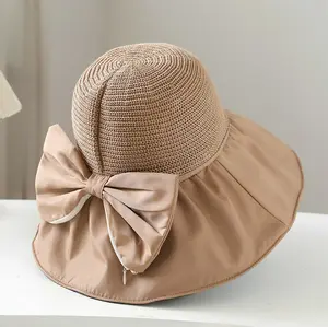 Women's UPF 50+ Black Liner Wide Brim Sun Hat with Bowknot | SunSafeTok BeachTok CoquetteTok That Girl Aesthetic Packable Foldable Straw Woven Bucket Hat | for Beach Vacation Hiking Garden Pool Summer Outdoor Wear