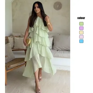 Women's dress with ruffles, elegant halter neck, solid color, layered chiffon dress, holiday style, sweet