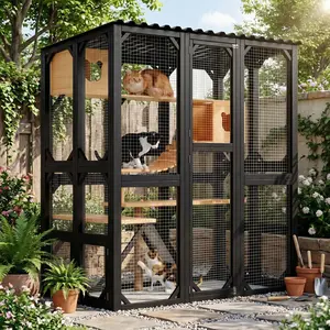 Large Cat House, 70.8'' Extra Large Cat Shelter for Multiple Cats, Outside Weatherproof Catio with 2 Resting Box, Hammock, Scratch Post and Board Black