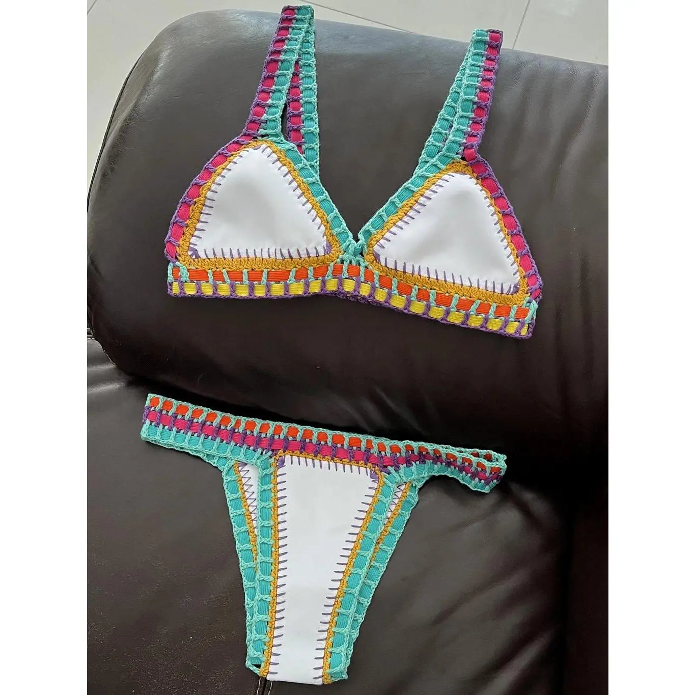 Women's Handmade Crochet Bikini Set, Reversible Boho Pattern Swimsuit with Cotton Yarn, Sexy 2-Piece Brazilian Beachwear, Reversible Set, Multi-Size, Triangle Bikini