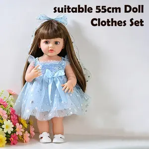 22 Inch Baby Doll Princess Dress Set, Ice Blue Sparkle Tulle with Bow Headband, Suitable for 50-55cm Dolls, DIY Accessories