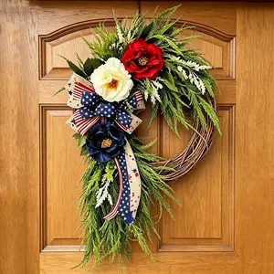Patriotic American Independence Day Wreath, Star-Spangled Bow, Blue Artificial Flowers, Home Decor for Veterans Day, Home Decor Ornament