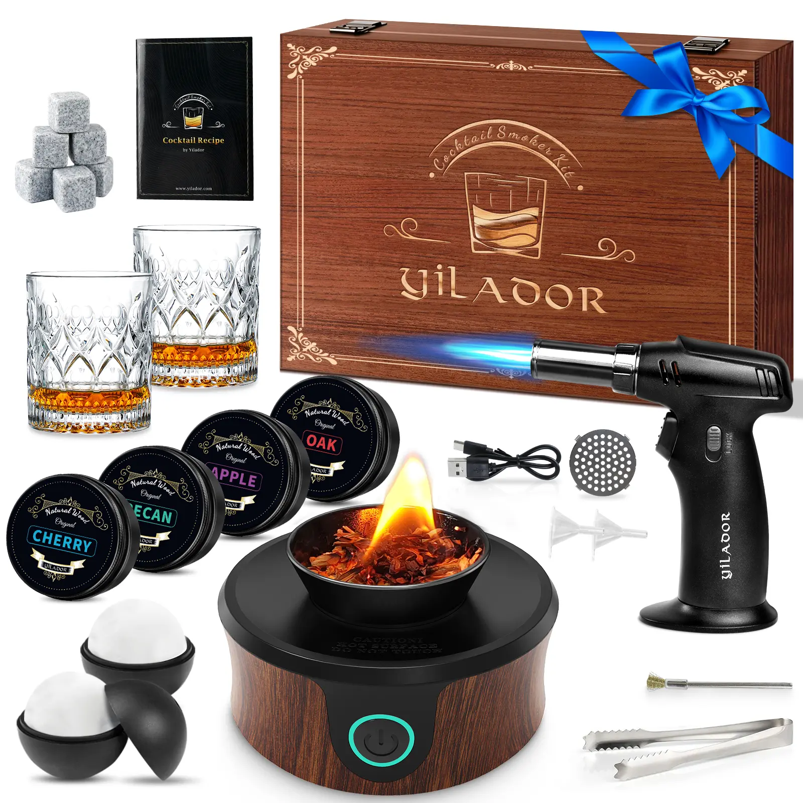 Electric Whiskey Smoker Kit, Luxurious Wooden Box, Heartfelt Father's Day Gifts, with 4 Wood Chips, Torch, Ice Molds, Recipe, Stones, Old Fashioned Bourbon Cocktails Smoker, Gifts for Men (No Butane)