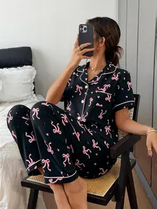 Bubble Wrinkle Bowknot Print Short Sleeve Button Women's Pajama Set, Loose-Fitting Casual Sleepwear Loungewear, All Seasons Wearable Pjs
