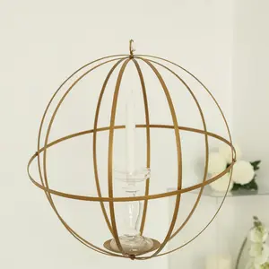 Hanging Sphere Candle Holder Gold Wrought Iron Open Frame Floral Display - Centerpiece Ball 12"