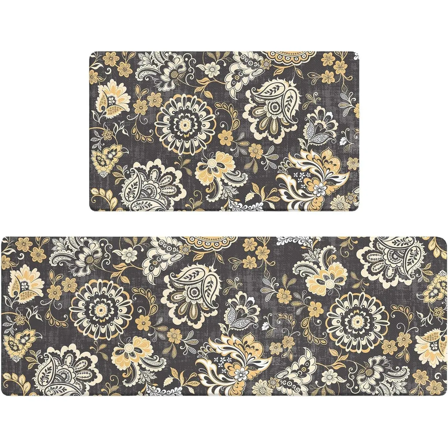 AMM Anti Fatigue Kitchen Mats for Floor Set of 2, Black Paisley Floral Kitchen Floor Mat, Non Slip Cushioned Kitchen Rugs Waterproof Memory Foam Kitchen Mat Comfort Standing Mat for Office Laundry
