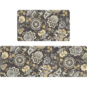 AMM Anti Fatigue Kitchen Mats for Floor Set of 2, Black Paisley Floral Kitchen Floor Mat, Non Slip Cushioned Kitchen Rugs Waterproof Memory Foam Kitchen Mat Comfort Standing Mat for Office Laundry