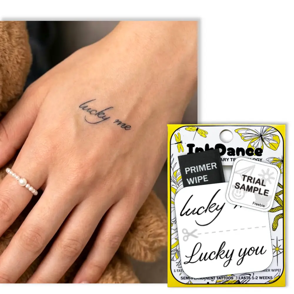 InkDance Semi-Permanent Fake Tattoos - Lucky Me Lucky You Script Lettering, Waterproof Plant-Based Ink, All Skin Types, Long-Lasting 1-2 Weeks Wear, 24-Hour Color Development, MNF178, Realistic Fake Tattoos