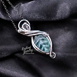 Teal Fluorite Leaf Antique Sterling Silver Wire Wrapped Pendant by Resilient Jewelry