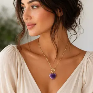 Amethyst : Necklace with Natural Amethyst Heart Shaped Crystal Pendant : to bring calm, clarity, and intention to your everyday style. Stainless Steel, Anti Tarnish, Water-proof