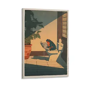 Abstract Canvas Wall Art Poster, Japanese Frog Print, Hasui Kawase Style, Fun Bathroom Decor, Moving Gift,