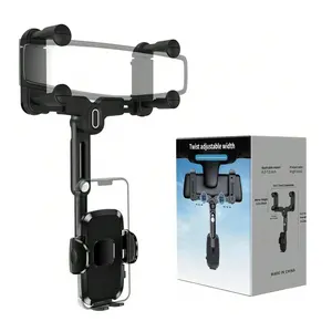 Rearview Mirror Phone Mount – 180° Rotatable & Telescopic Car Phone Holder, Upgraded 4-Clamp Stable Design, Fits 98% Vehicles (4-7 Inch Phones), Easy One-Touch Lock – Mirror Arm & Frame Combo Mount