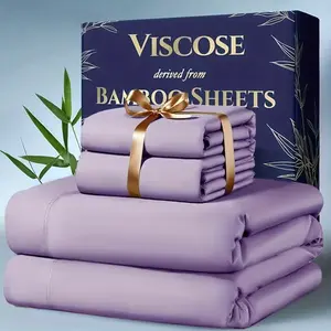 4 Piece Bamboo Cooling Bedding Set Extra Deep Pocket Breathable Sheets Flat Fitted Sheet and Pillowcases for Hot Sleepers Queen King Gift