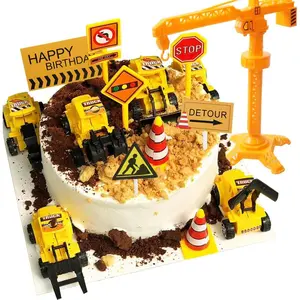 18 PCS Construction Cake Decorations Set Including Cake Topper Excavator Tower Crane Cupcake Topper Traffic Road Sign for Happy Birthday Party Supplies Favors