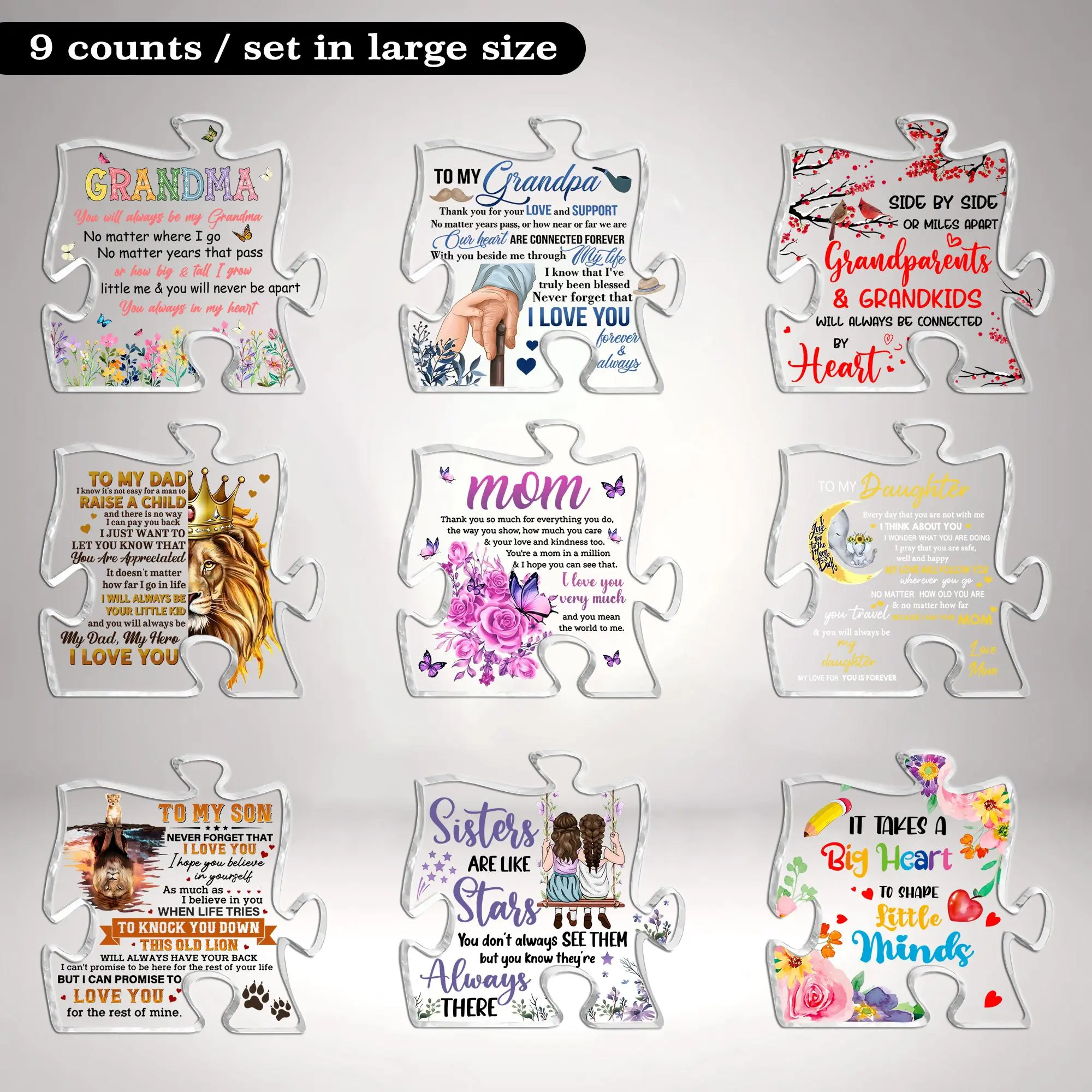 Acrylic Puzzle Grandma Statue, 1 Count/9 Counts Transparent Home Decoration, Summer Gift, Home Decor Gifts, Home Decor Products, Creative Gift For Grandma, Acrylic Plaque Decor, Acrylic Plaque Sign