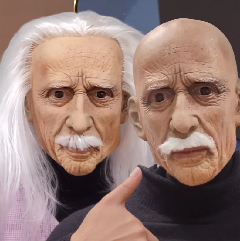 PATYGR Realistic Full Head Latex Mask for Men Old Man Costume with Beard Halloween Cosplay Carnival Masquerade Party Props Headgear Accessories Creepy