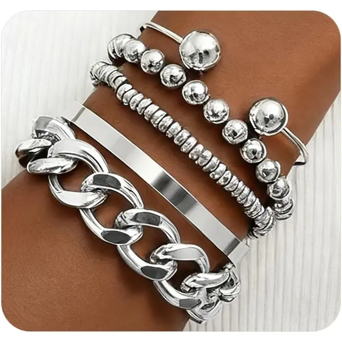 Chunky Gold Stackable Bangle Bracelets for Women,Punk Thick Gold Beaded Ball Chain Bracelet Set,Hip Hop Trendy Wrist Jewelry