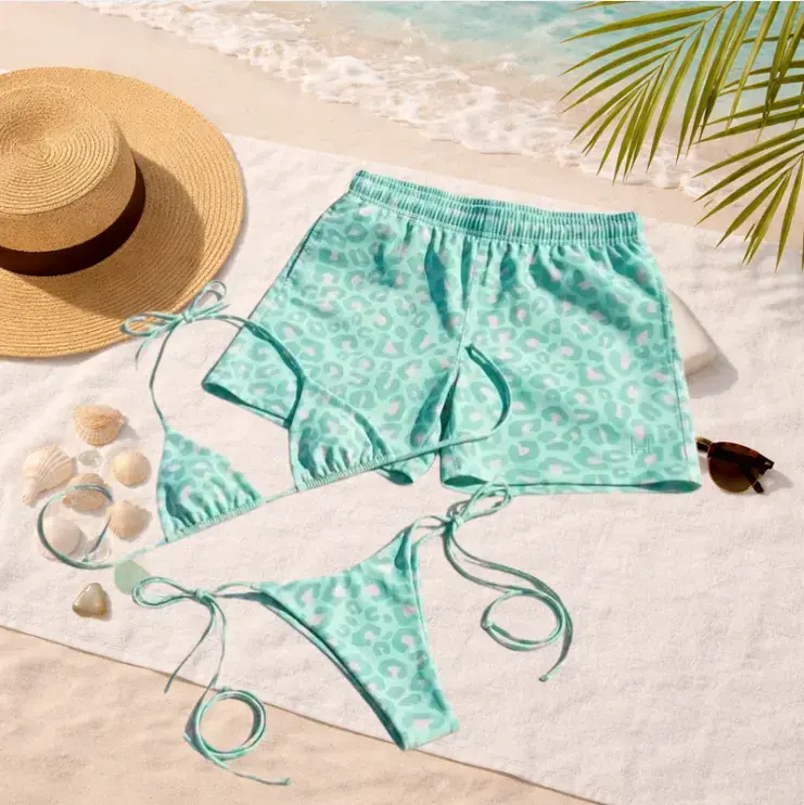 Mint Leopard Matching Swim Set 2026 – Teal Bikini & Men’s Trunks, His and Hers Couple Swimwear, Summer Beach Outfit
