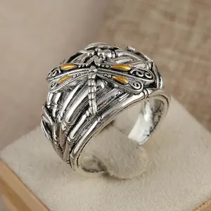 Vintage Antique Dragonfly Ring with Intricate Patterns Bamboo Elements Natural Charm Craftsmanship Metal Coating for Unique Rustic Jewelry