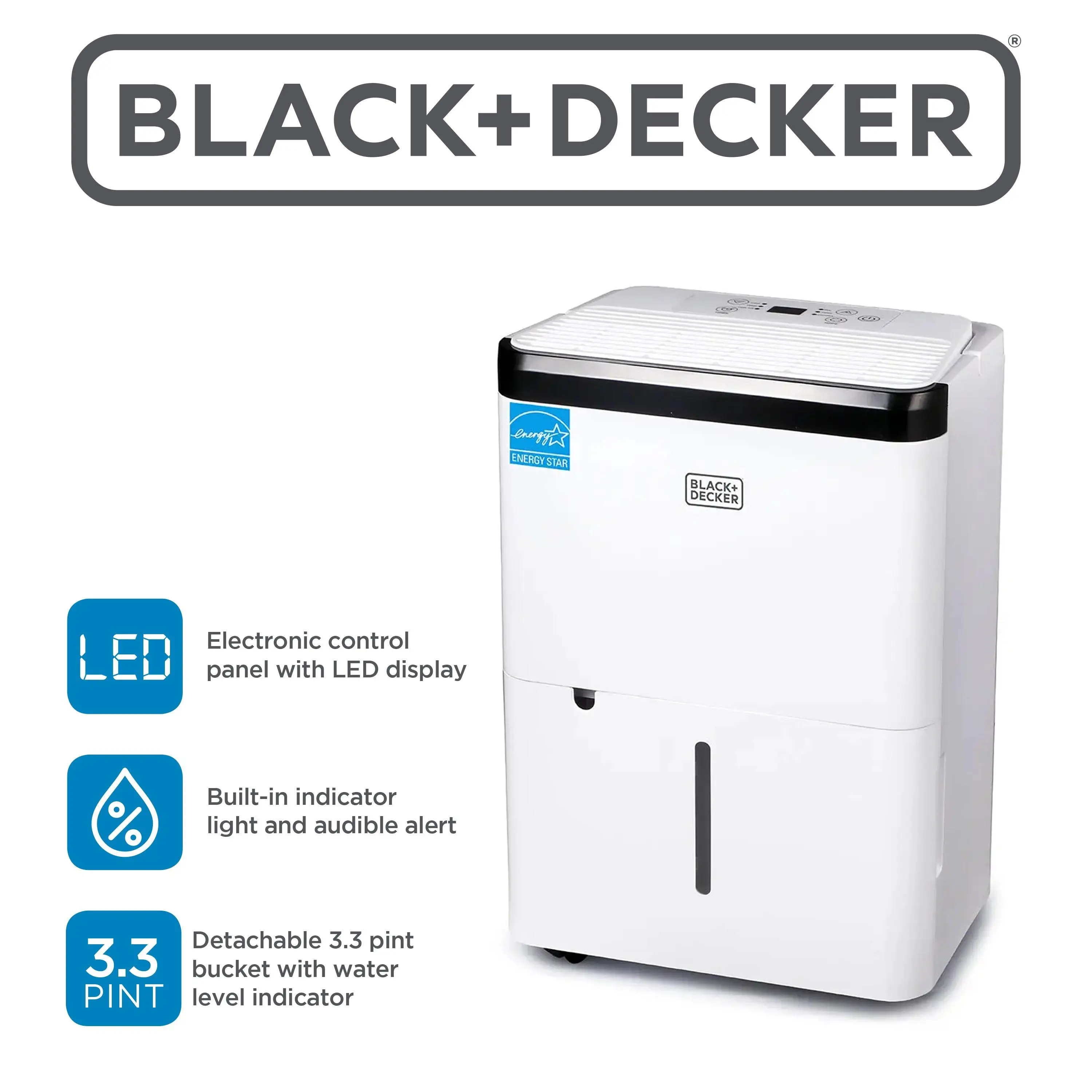 BLACK+DECKER 1000 Sq. Ft. Dehumidifier for Home, Bedroom and Basement, Up To 9 Pints Per Day, 3.3-Pint Bucket, LED Display, Auto Defrost & Restart, BDT08TW, White